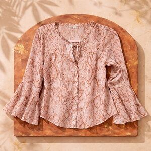 Mystree sheer Blush Snake-Print Tie-Neck Blouse size small